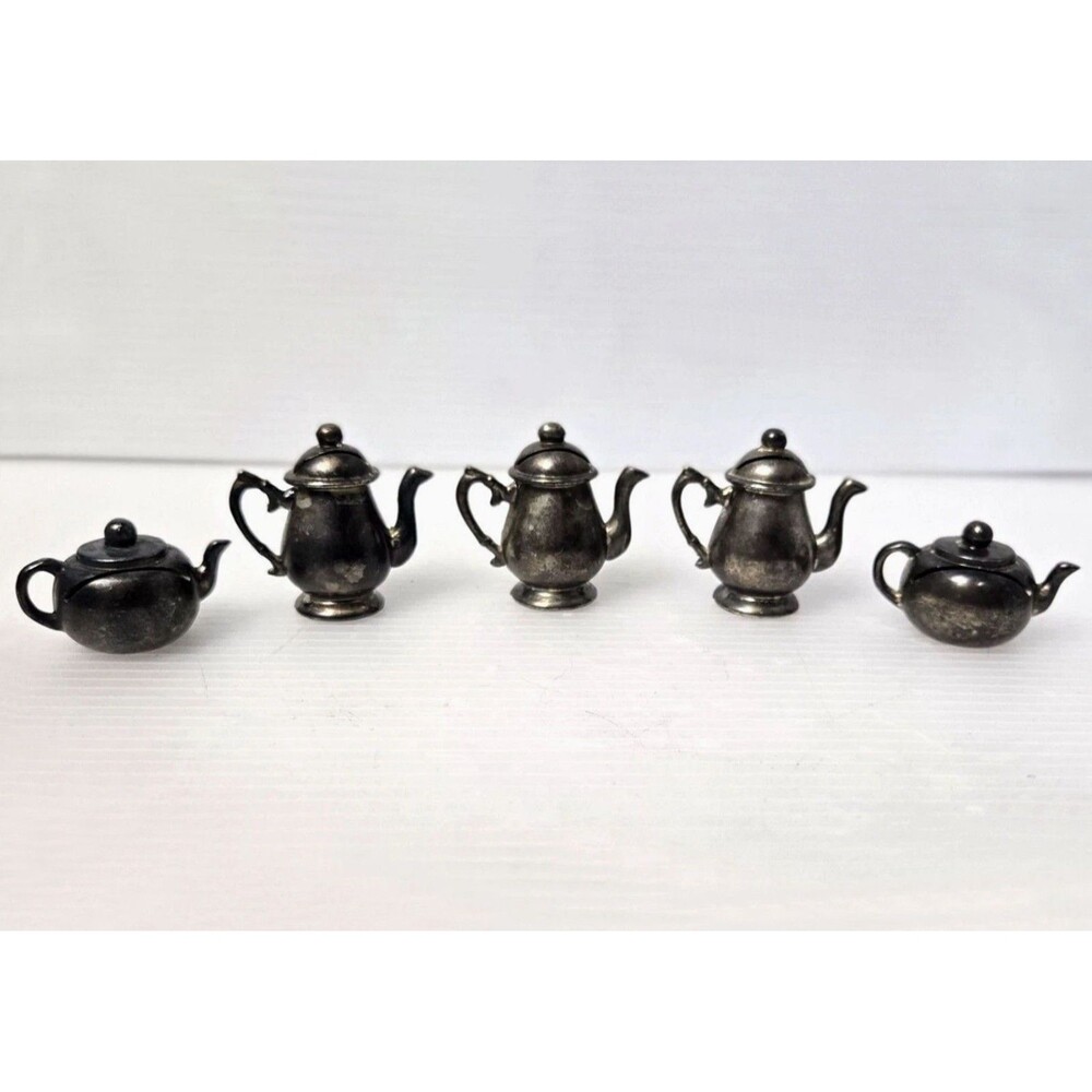 Vintage Godinger Silverplate Miniature Teapot Set 5 Pcs Ornate Heavy Dollhouse